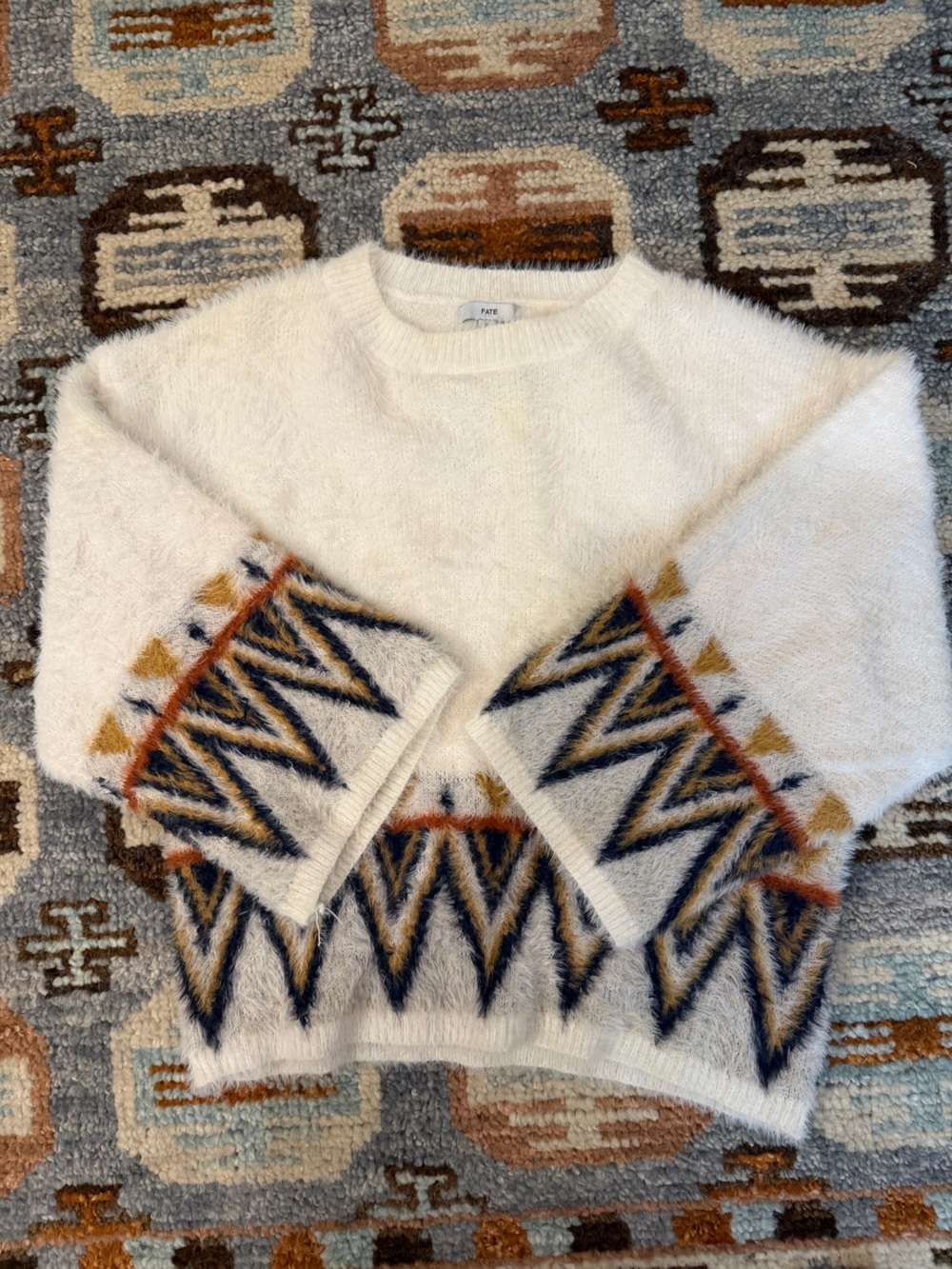 Fate Cream Crewneck Sweater with Navy and Mustard Geometric Trim